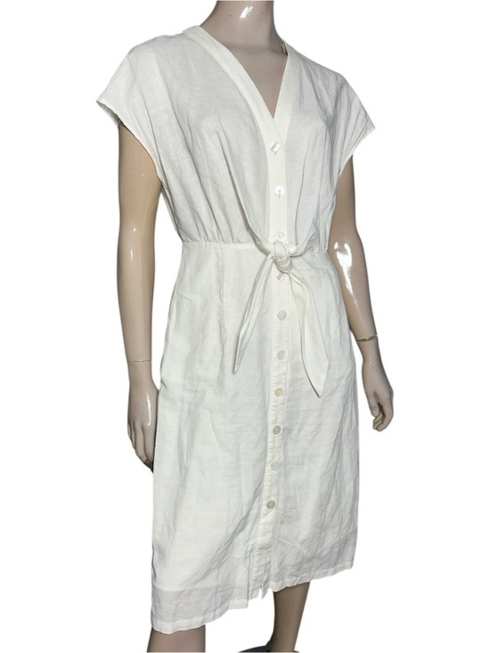 Slide Show Women’s 10 White Linen Blend Tie Waist Button Front  Midi Shirt Dress